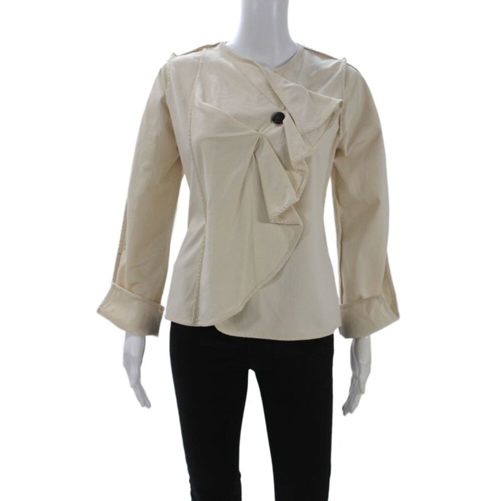 Sea New York Womens Beige Cotton Round Neck Button Long Sleeve Blouse Size 4